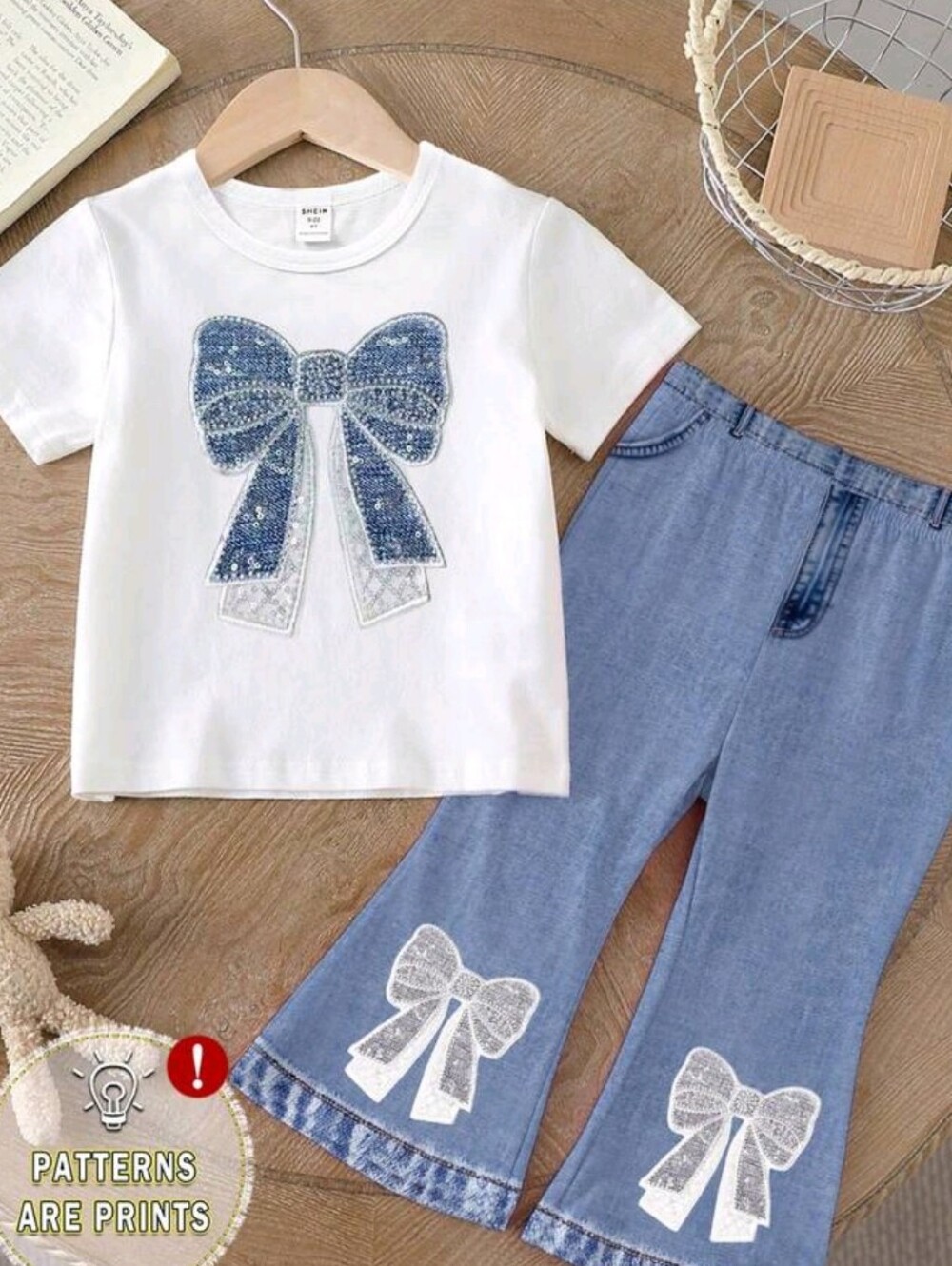 Girls' Multicolor Bow Tee & Denim Flare Set  SIZE -7Y